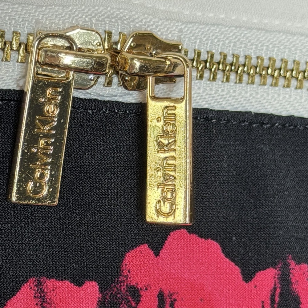 Calvin Klein Black Floral Top White Contrast Panels Gold Zip Stretch Blouse L‎ - Picture 3 of 10